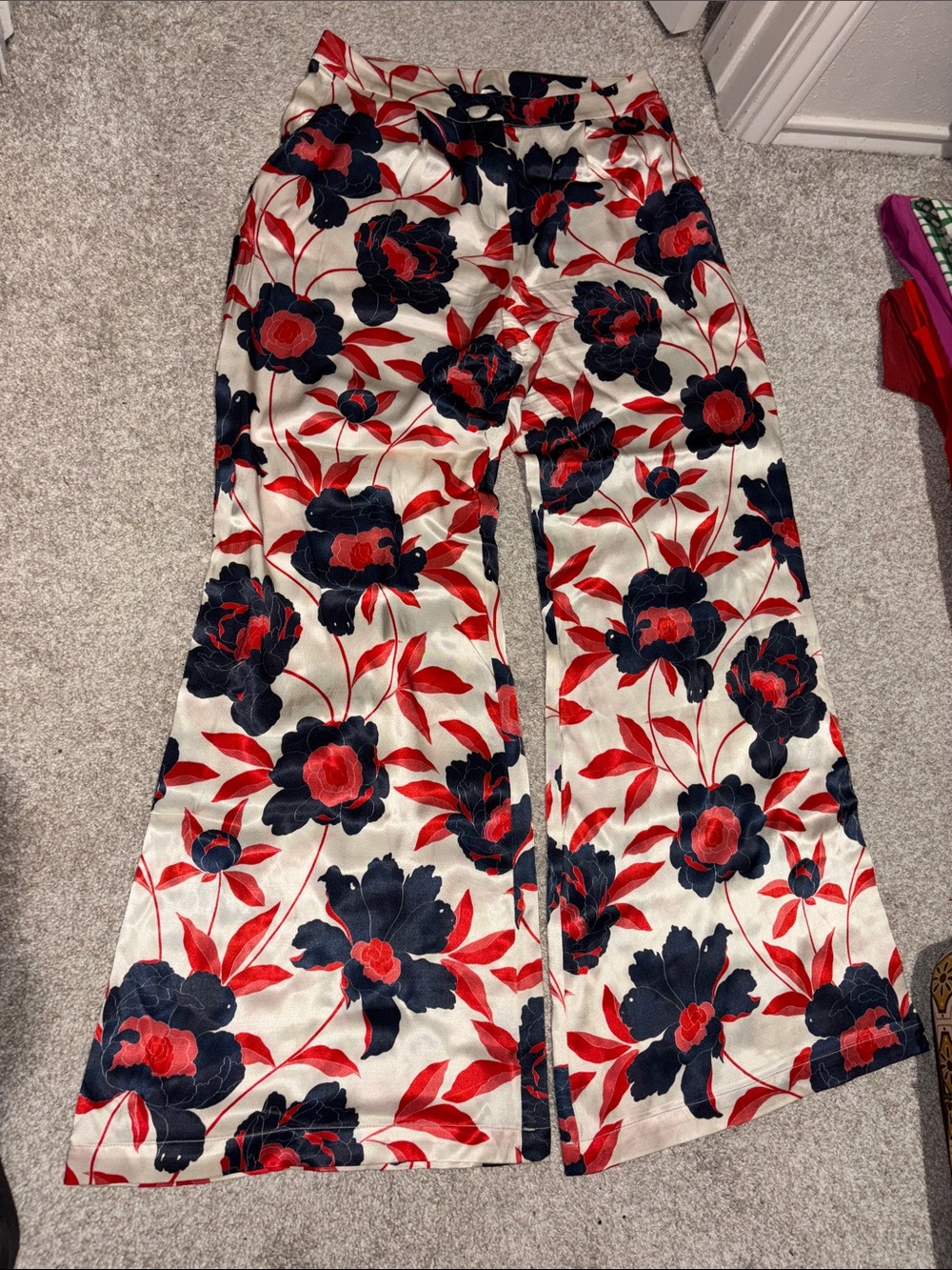 Corey Lynn Calter Wide-Leg Satin Floral Pants in Cream, Red & Navy